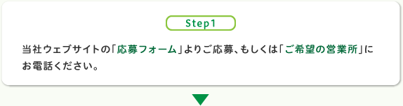 当社ウェブサイトの「応募フォーム」よりご応募、もしくは「ご希望の営業所」にお電話ください。